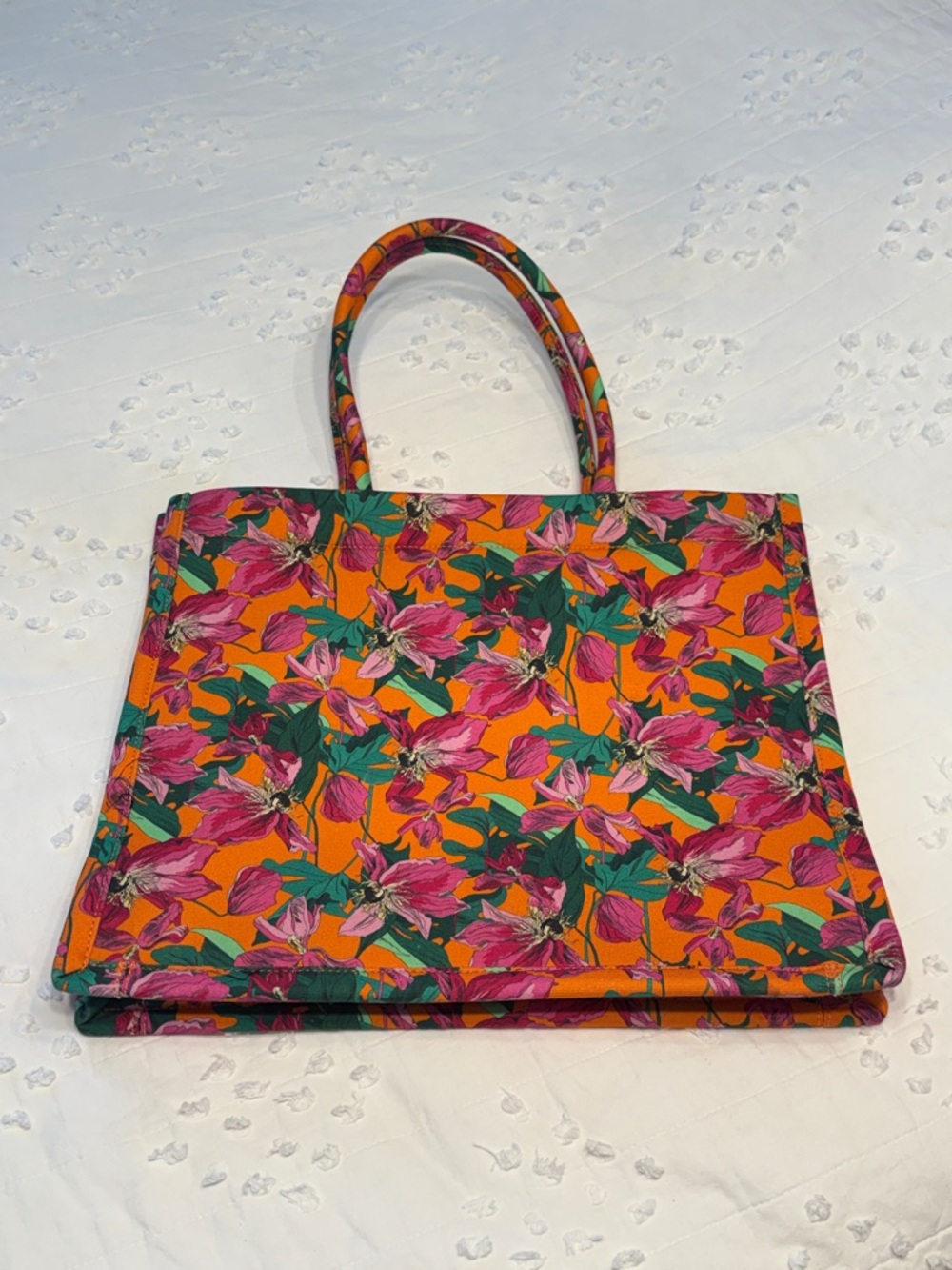 Express Bright Orange Tote with Pink Floral & Green Leaves
